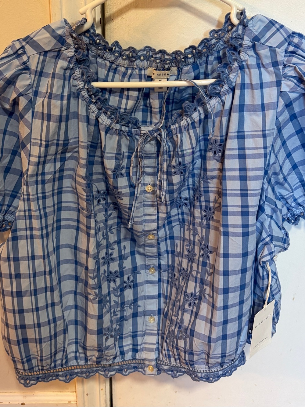 NWT Free Assembly Blue Plaid Embroidered Peasant Top - Womens